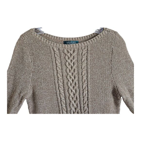 LAUREN RALPH LAUREN Petite PS PM Cable Knit Sweater Gold Metallic 3/4 Sleeve 34" - Picture 2 of 8